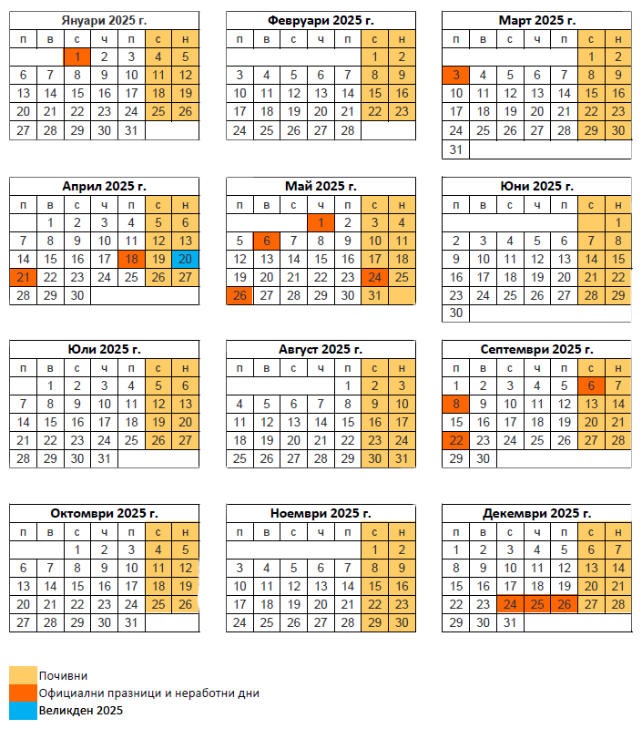 Работни дни, официални празници, почивни и неработни дни за 2025 г. calendar 2025